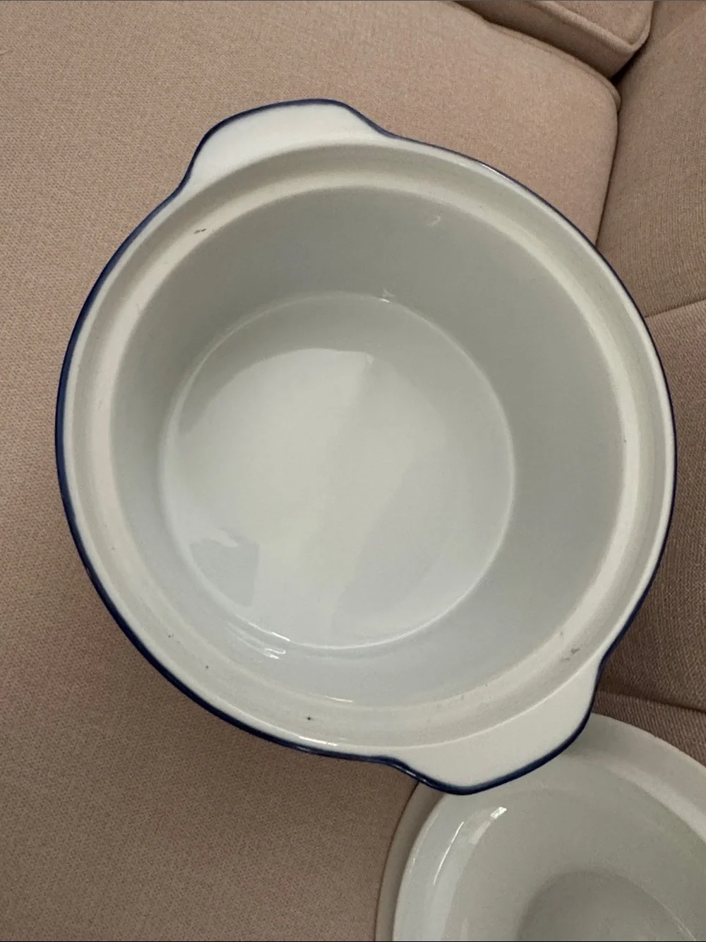 BIA Blanc De Table Casserole Dish With Lid Round White Blue Ribbed 8.5”x 4.5”